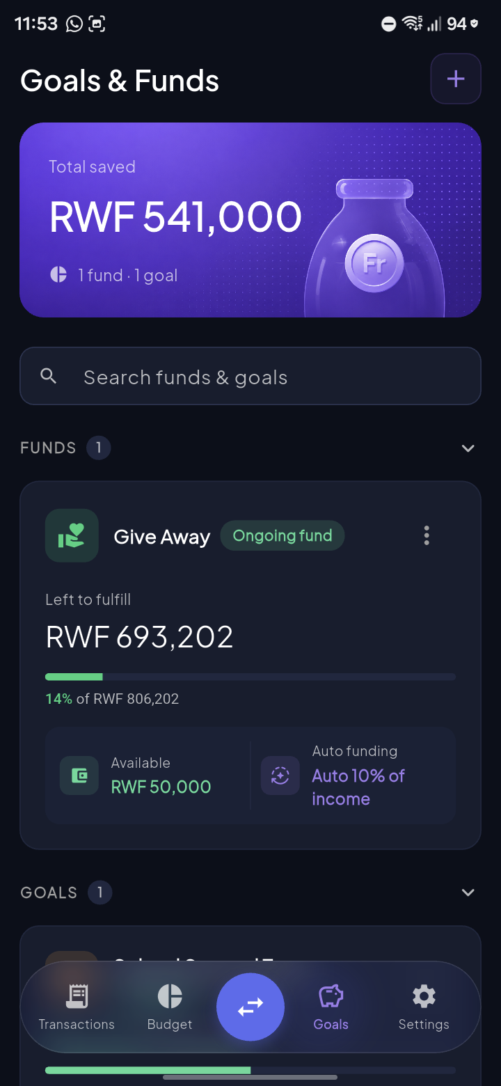 Goals and funds screen